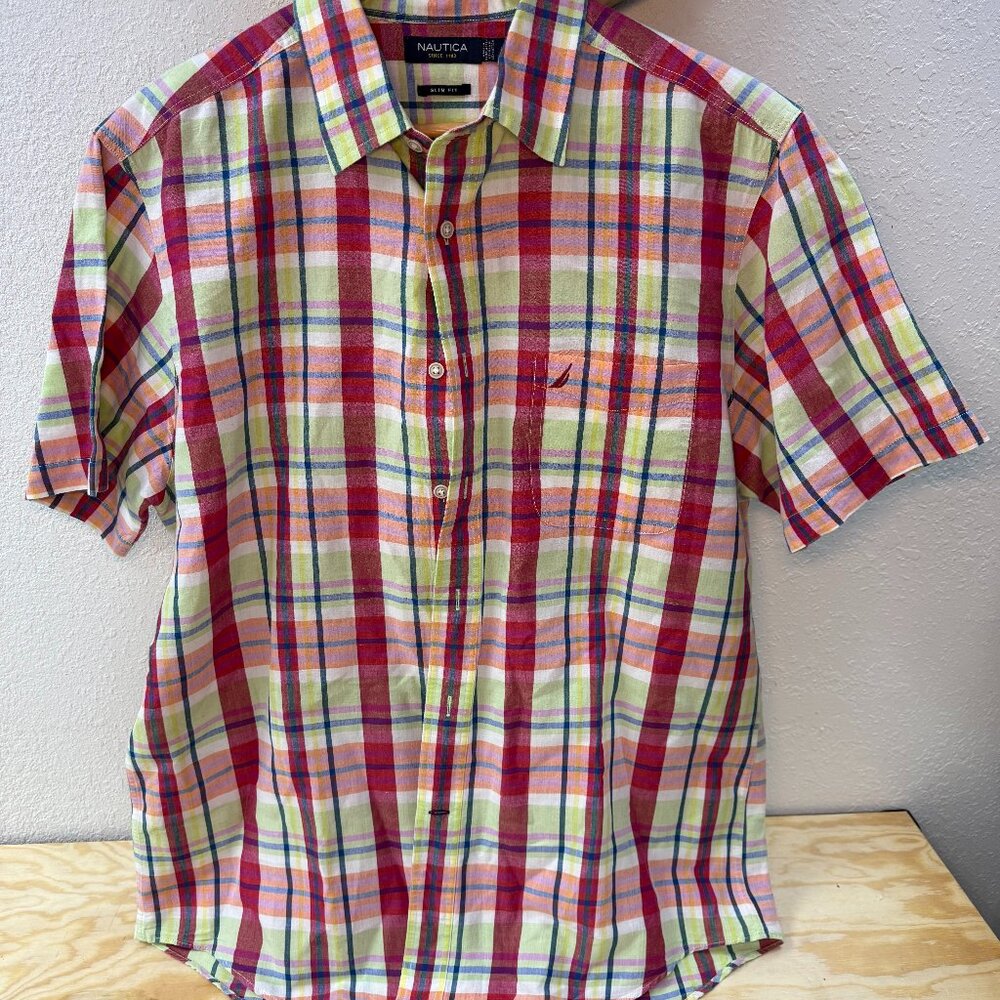 Nautica Men's Short Sleeve Plaid Slim Size L Button Down Shirt